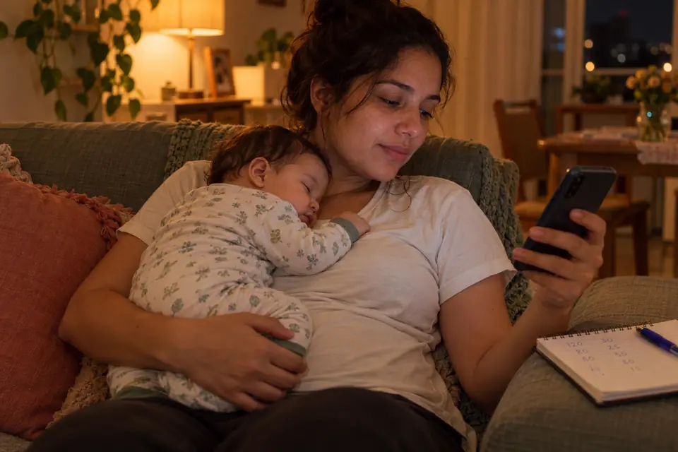Mãe no sofá à noite com o bebê dormindo no peito, olhando o celular