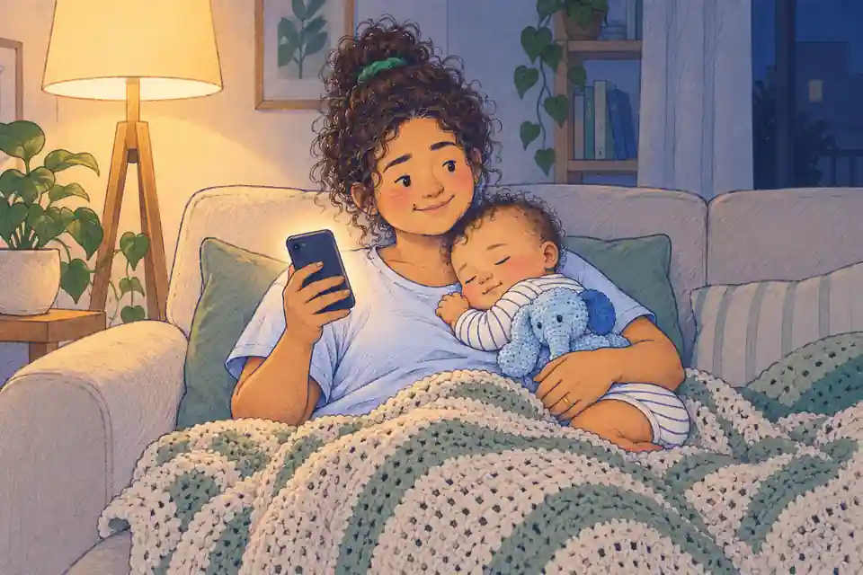 Bia no sofá de madrugada com o Theo dormindo no peito, olhando o celular